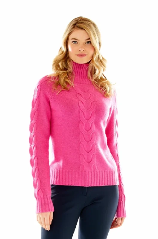M.Miller Women's Laura Cable Sweater Cashmere in Fuchsia Front Pockets Side Pockets Patch Pockets M.Miller Women's Laura Cable Sweater Cashmere in Fuchsia Front Pockets Side Pockets Patch Pockets