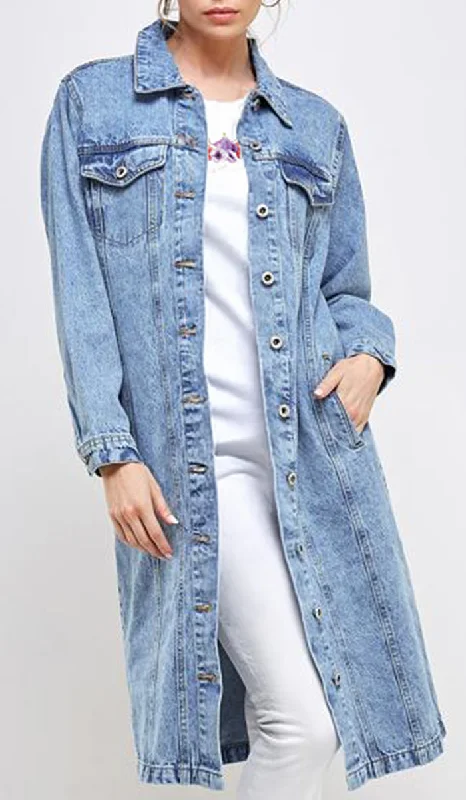Aliza Long Cotton Denim Trench Jacket Satin Jacket Silk Jacket Chiffon Jacket