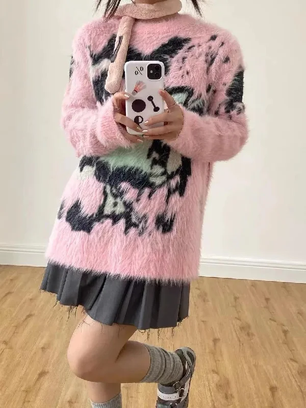 Y2K Aesthetic Fuzzy Sweater Hooded Sweater Collared Sweater Shawl Collar