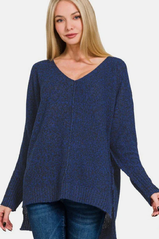 Zenana High-Low Center Seam V-Neck Sweater In Navy Iron Safe Non-Iron Wrinkle Free