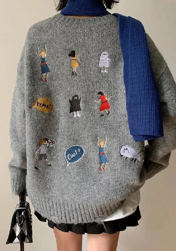 Cartoon Embroidered Knitted Sweater Front Pockets Side Pockets Patch Pockets