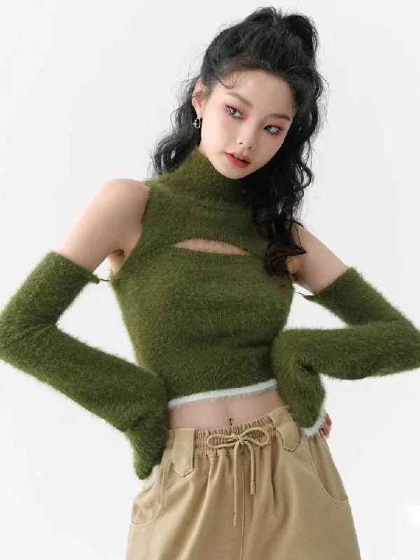Cut Out Fluffy Crop Sweater Top Mesh Sweater Canvas Denim