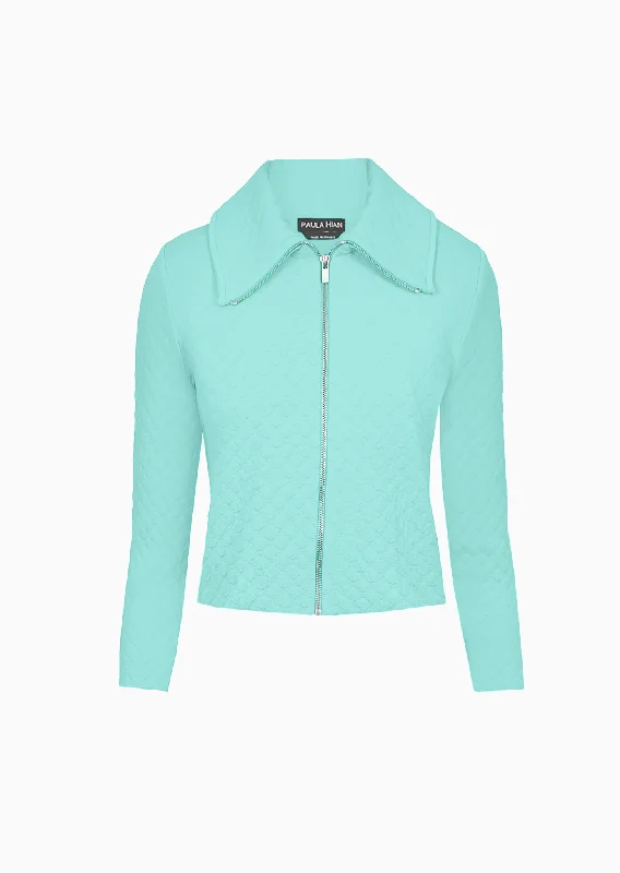 Odeletta – Cropped Polka Dot Pique Knit Jacket with Zipper Collar Notch Collar Peter Pan Collar Cowl Neck Odeletta – Cropped Polka Dot Pique Knit Jacket with Zipper Collar Notch Collar Peter Pan Collar Cowl Neck