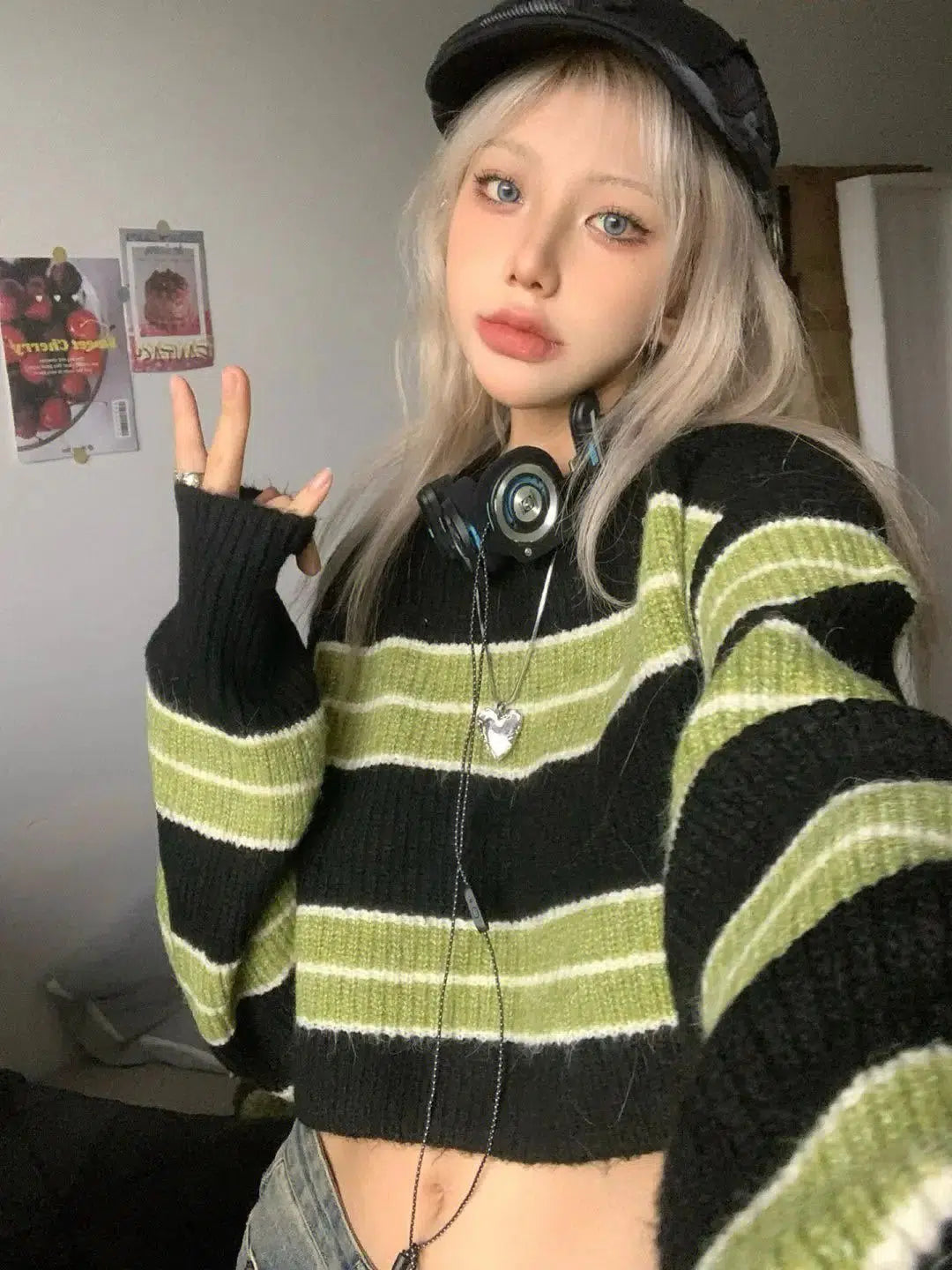 Grunge Green Striped Crop Sweater Plaid Sweater Polka Dot Checkered