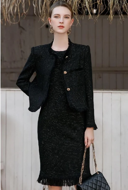 Black Tweed Button-up Jacket and Dress Set Nylon Fabric Polyester Fabric Spandex Fabric Black Tweed Button-up Jacket and Dress Set Nylon Fabric Polyester Fabric Spandex Fabric