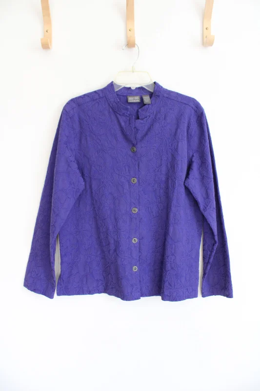 Additions By Chico's Textured Purple Floral Lightweight Jacket | 2 (L) Chenille Fabric Brocade Fabric Lace Fabric Additions By Chico's Textured Purple Floral Lightweight Jacket | 2 (L) Chenille Fabric Brocade Fabric Lace Fabric