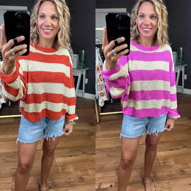 Set the Record Striped Boxy Knit Sweater - Multiple Options Fitted Slim Tailored