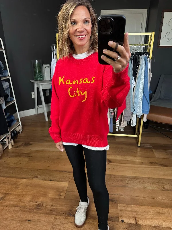 KC Graphic Sweater - Red Zippered Front Buttoned Front Snap Front