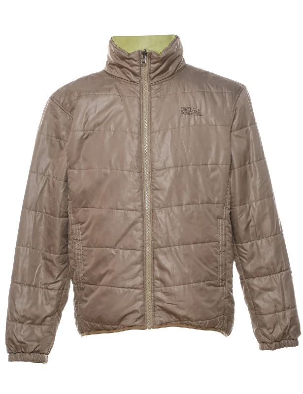 Light Brown Zip-Front Puffer Jacket - L Denim Fabric Leather Fabric Suede Fabric