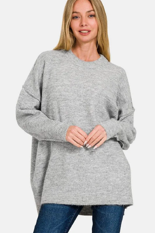 Zenana High-Low Hem Drop Shoulder Sweater Graphic Sweater Embroidered Appliqued