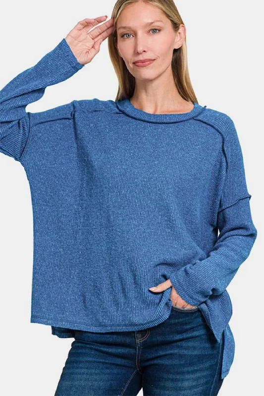 Zenana Exposed Seam Brushed Round Neck Sweater - Navy Satin Fabric Silk Fabric Chiffon Fabric Zenana Exposed Seam Brushed Round Neck Sweater - Navy Satin Fabric Silk Fabric Chiffon Fabric