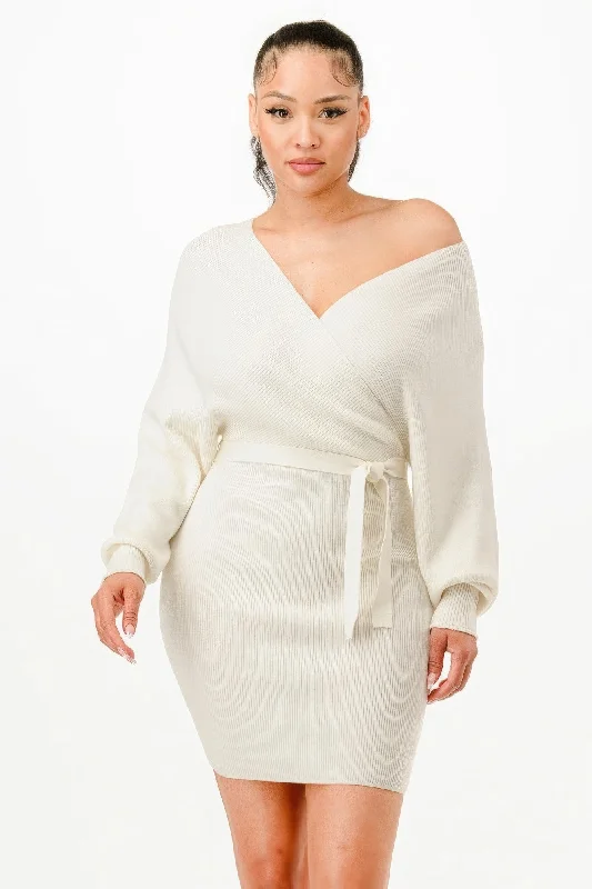 Off Shoulder Wrap Belted Ribbed Sweater Dress | Chic Comfort and Effortless Elegance Embroidered Appliqued Beaded Off Shoulder Wrap Belted Ribbed Sweater Dress | Chic Comfort and Effortless Elegance Embroidered Appliqued Beaded