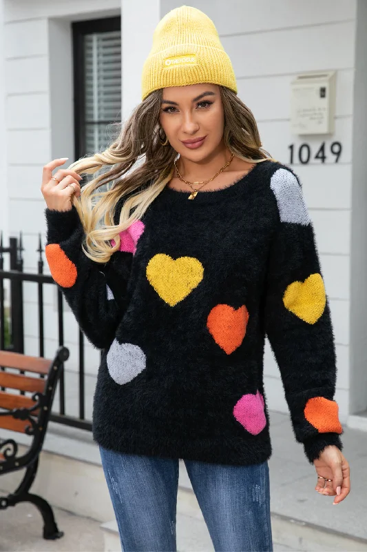 Heart Pattern Round Neck Long Sleeve Sweater Ribbed Striped Patterned