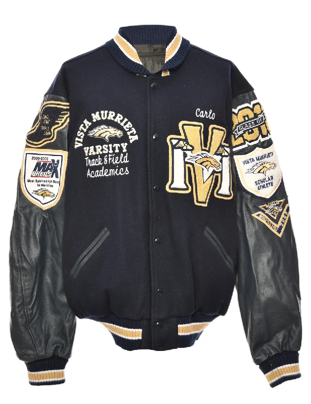 Navy & Yellow Appliqued Varsity Jacket - XL Zippered Front Buttoned Front Snap Front Navy & Yellow Appliqued Varsity Jacket - XL Zippered Front Buttoned Front Snap Front