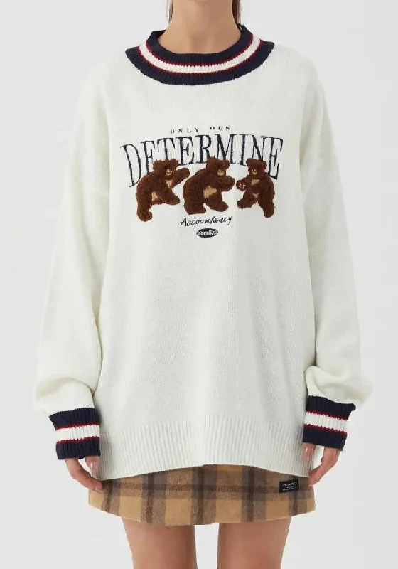 Vintage Teddy Embroidered Knitted Sweater Thin Thick Dense