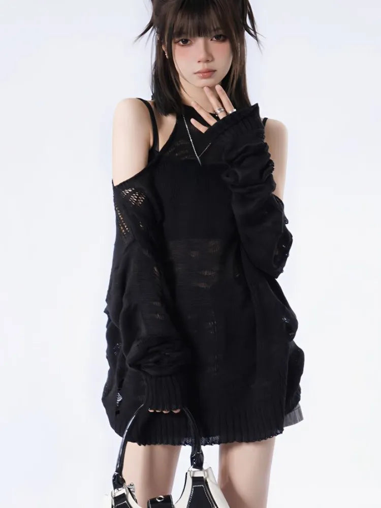 Grunge Distressed Cut-Out Fine Knitted Sweater Lightweight Heavyweight Midweight
