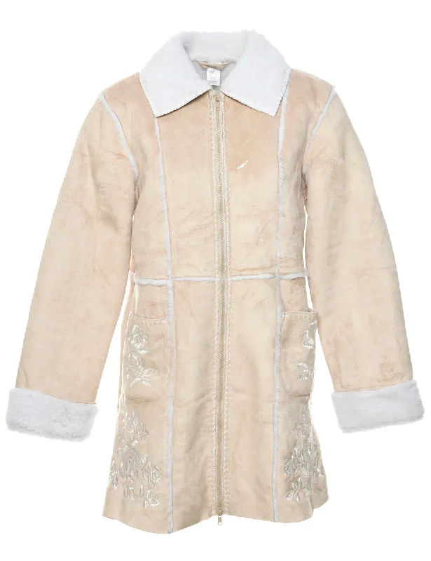 Light Brown Faux Shearling Jacket - L Zippered Front Buttoned Front Snap Front