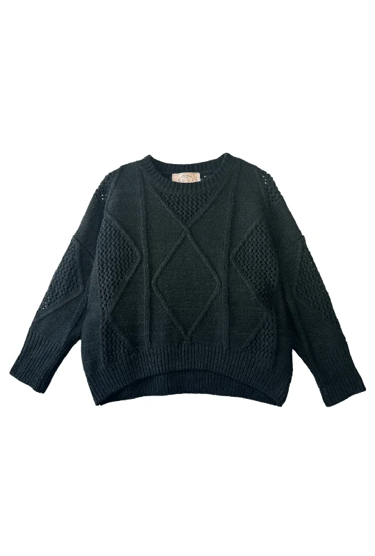 Cable Knit Fisherman Sweater - Black Front Pockets Side Pockets Patch Pockets