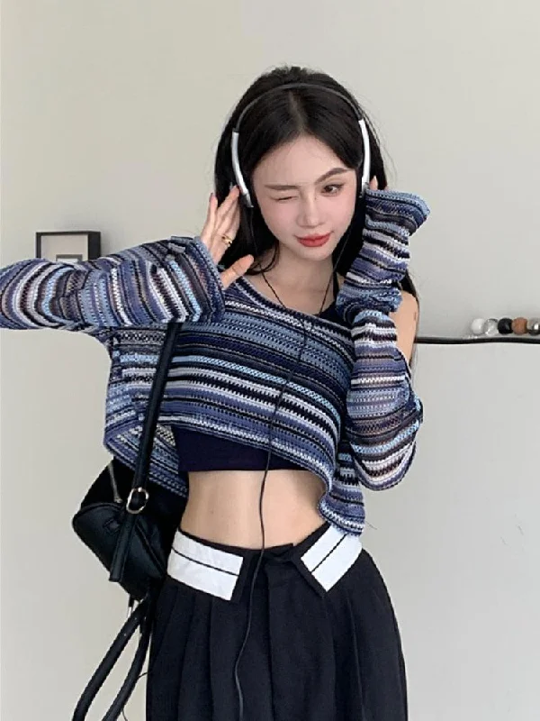 Striped Wide Neck Crop Sweater Neon Metallic Matte