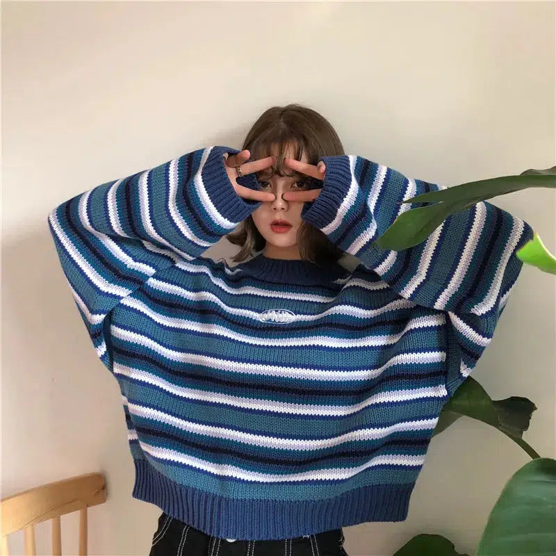 Wide Sleeved Striped Knitted Sweater Nylon Fabric Polyester Fabric Spandex Fabric