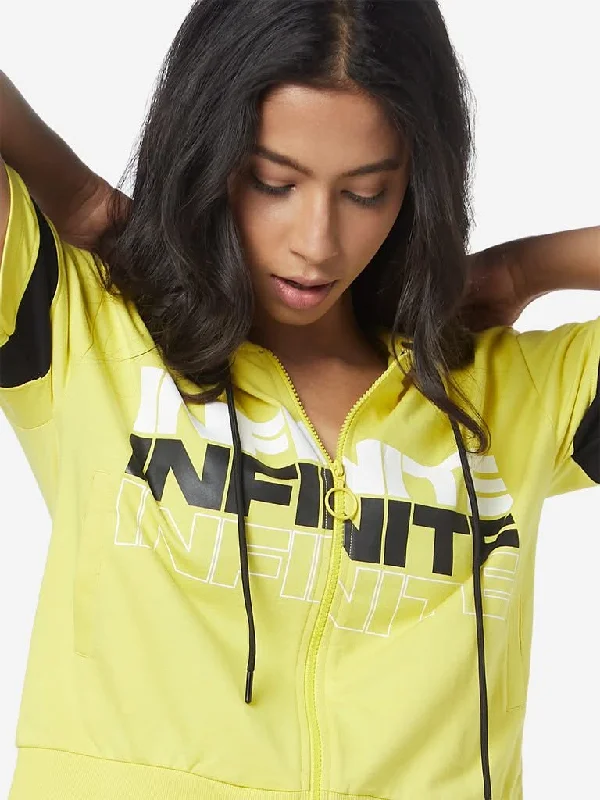 Studiofit Yellow Text Design Hooded Crop Jacket Jacket Blazer Coat