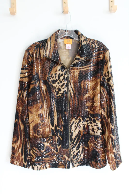 Ruby Rd. Brown Animal Print Textured Lightweight Jacket | 14 A-Line Jacket Boat Neck Shawl Collar