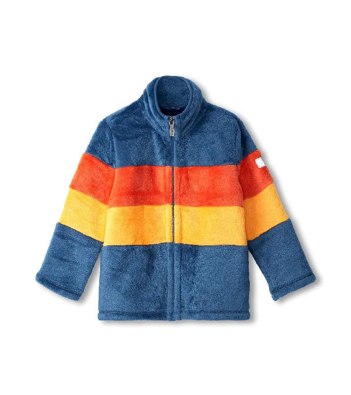 Color Block Stripes Fuzzy Fleece Zip-Up Jacket | Navy Front Pockets Side Pockets Patch Pockets Color Block Stripes Fuzzy Fleece Zip-Up Jacket | Navy Front Pockets Side Pockets Patch Pockets