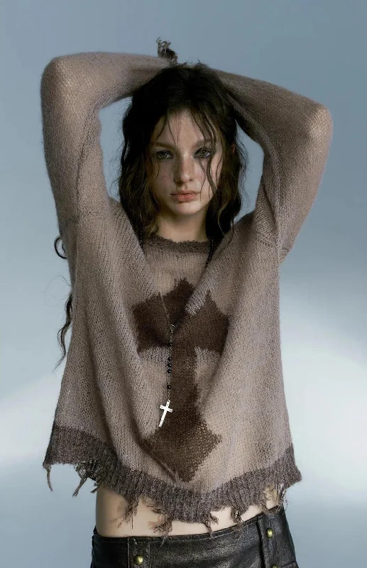 Grunge Distressed Cross Sweater Boxy Sweater Fitted Sweater A-Line