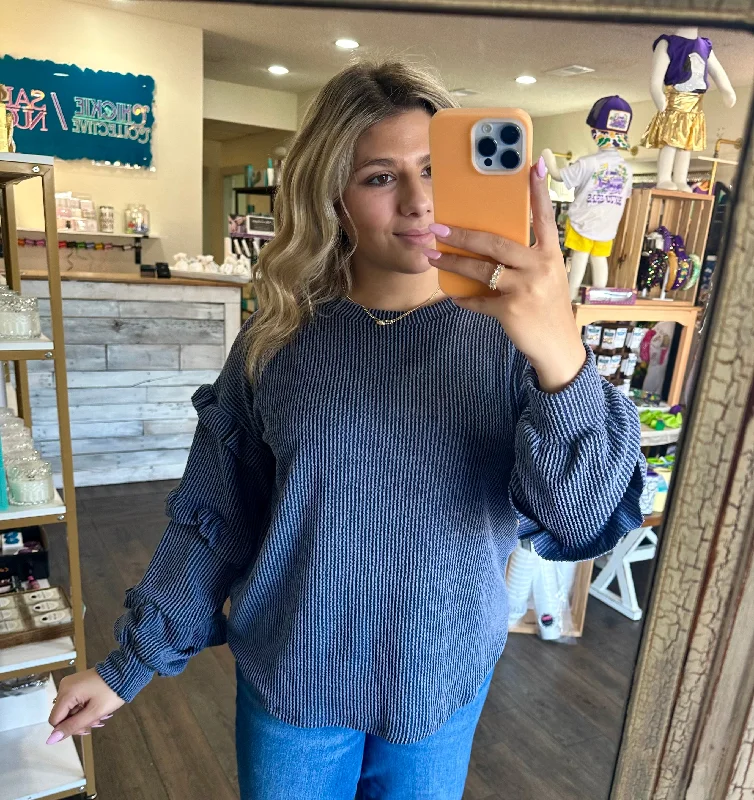 Chic Ruffle-Trimmed Solid Ribbed Knit Sweater Soft Cozy Warm