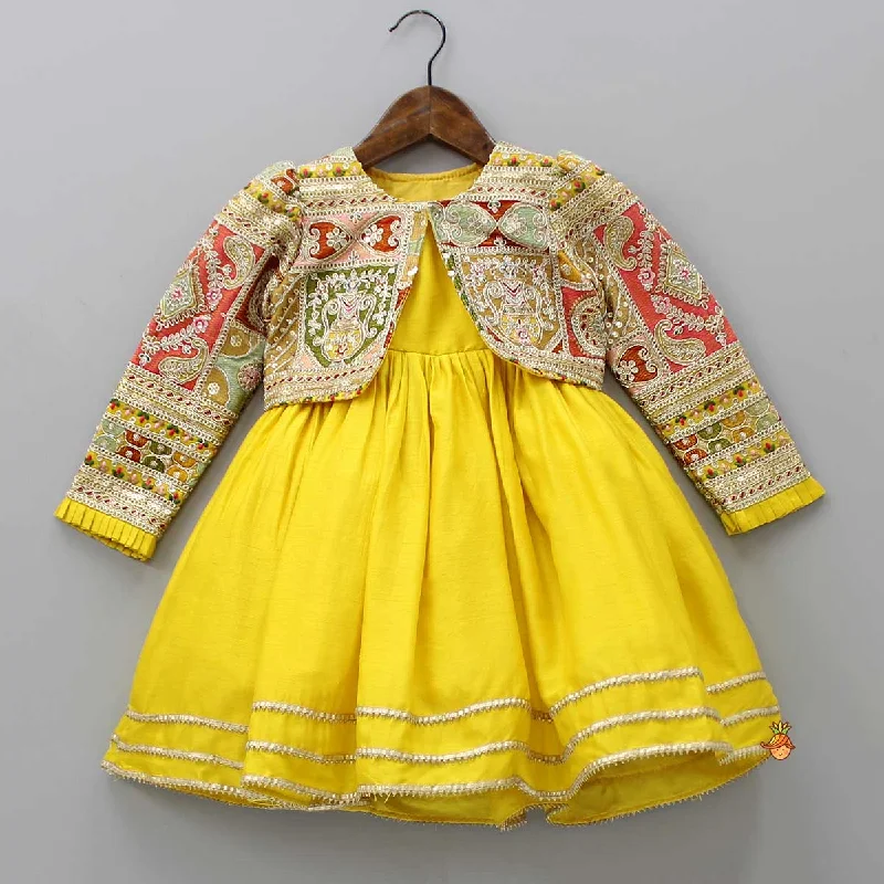 Round Neck Yellow Kurti With Heavy Embroidered Jacket Oversized Jacket Tailored Jacket Straight Jacket