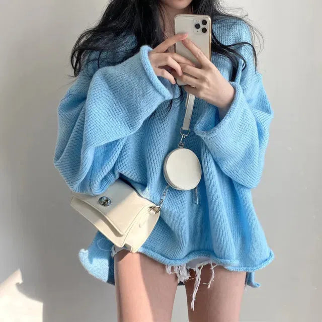 Extra Long Sleeve Loose Sweater Polka Dot Checkered Tartan