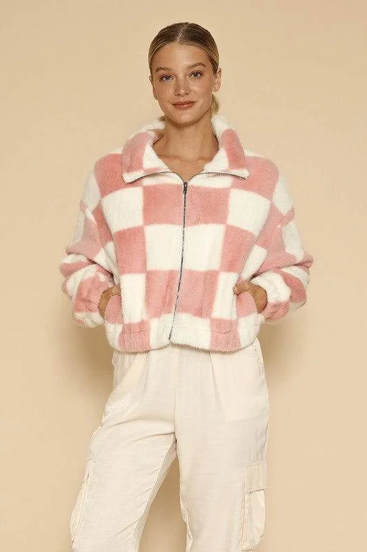 Fuzzy checkered zip front jacket Tiered Jacket Buttoned Jacket Zippered Jacket
