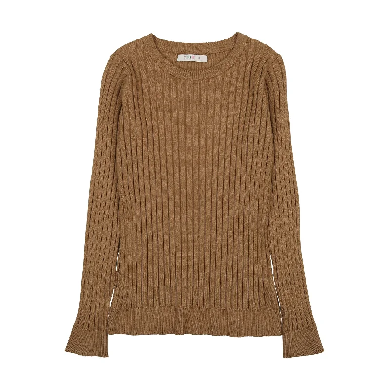 Coco Blanc Carmel Ribbed Crew Sweater Print Jacquard Patchwork