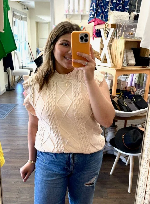 Parchment Retro Cable Knit Ruffle Sleeveless Sweater Mesh Blend Leather Blend Suede Blend Parchment Retro Cable Knit Ruffle Sleeveless Sweater Mesh Blend Leather Blend Suede Blend