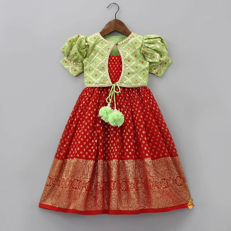 Ethnic Pleated Georgette Red Dress With Puffed Sleeves Jacket Striped Jacket Polka Dot Jacket Floral Jacket Ethnic Pleated Georgette Red Dress With Puffed Sleeves Jacket Striped Jacket Polka Dot Jacket Floral Jacket