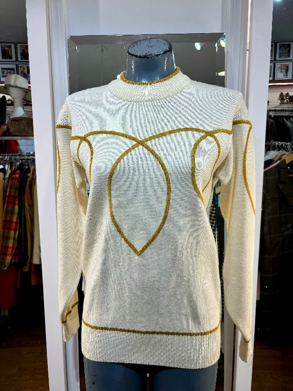 90’s Beige & Mustard Trim Design Crew Neck Sweater By Descente Velvet Chenille Corduroy
