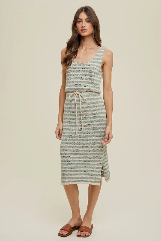 Striped Midi Sweater Dress Denim Fabric Leather Fabric Suede Fabric