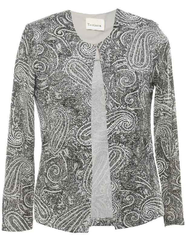 Paisley Pattern Black & Silver Sparkly Evening Jacket - M Insulated Jacket Fitted Jacket Loose Jacket Paisley Pattern Black & Silver Sparkly Evening Jacket - M Insulated Jacket Fitted Jacket Loose Jacket