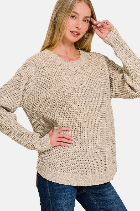 Zenana High Low Long Sleeve Waffle Sweater Machine Wash Dry Clean Hand Wash