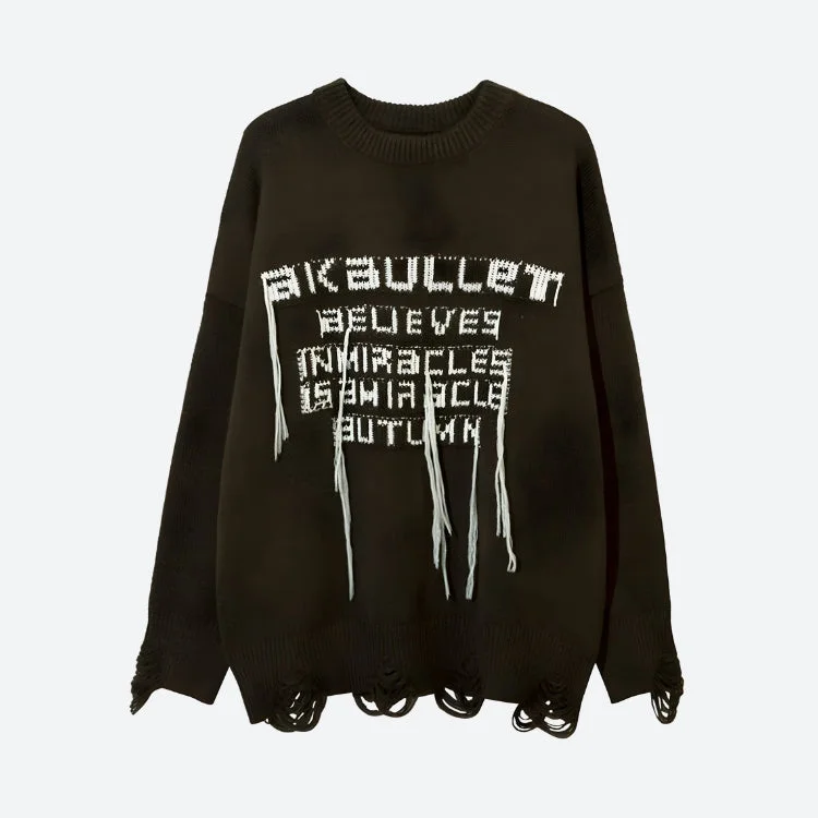 Grunge AK-Bullet Tasseled Sweater Herringbone Houndstooth Plaid