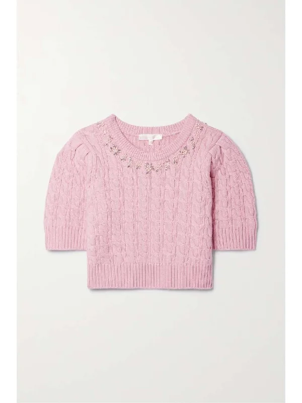 CHAPELLE CROPPED EMBELLISHED CABLE-KNIT SWEATER Stylish Fashionable Trendy