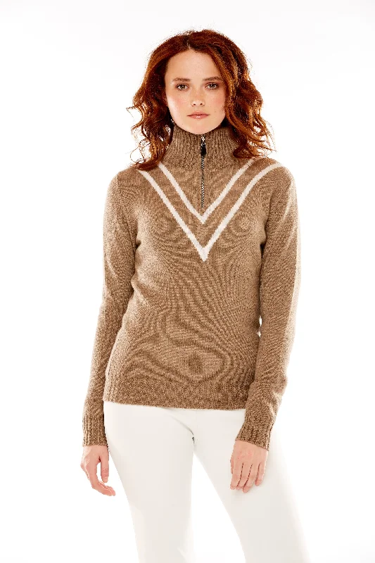 M. Miller Vee Cashmere Half Zip sweater White V stripe in Oatmeal 100% Cashmere Herringbone Houndstooth Plaid