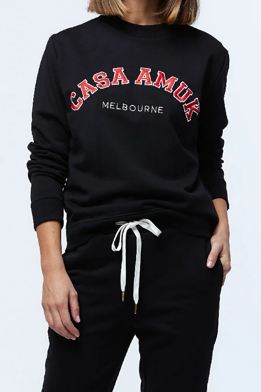 Casa Amuk WOMENS VARSITY SWEATER - BLACK/CHILLI Solid Print Embellished