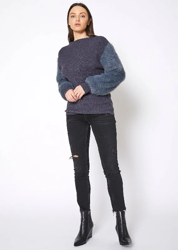 Pleione Faux Fur Sleeve Boat Neck Sweater in Slate Blue Plaid Sweater Polka Dot Checkered Pleione Faux Fur Sleeve Boat Neck Sweater in Slate Blue Plaid Sweater Polka Dot Checkered