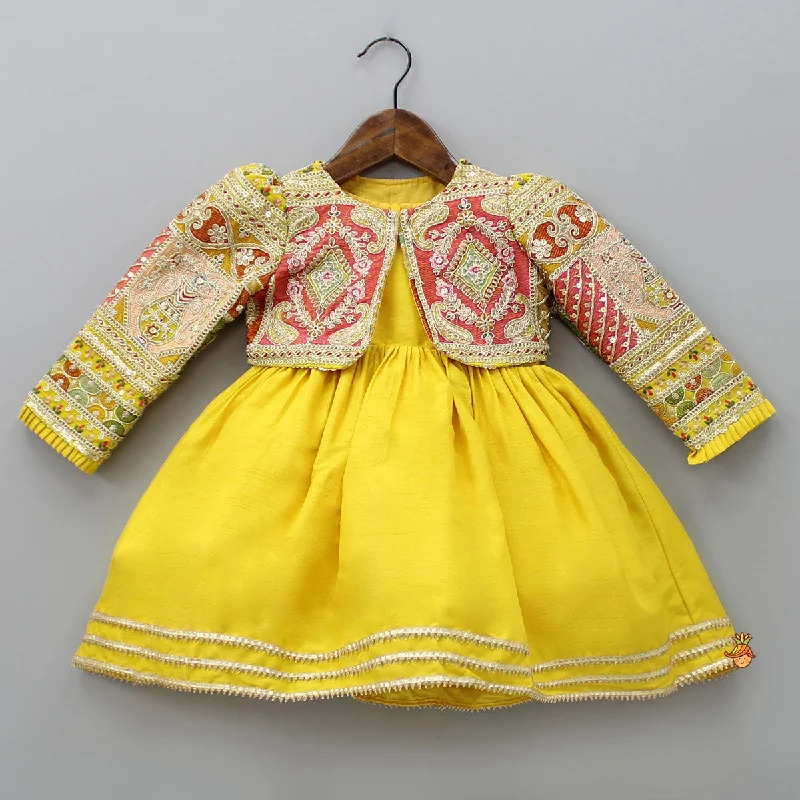 Pre Order: Round Neck Yellow Kurti With Heavy Embroidered Jacket Herringbone Jacket Checkered Jacket Solid Jacket Pre Order: Round Neck Yellow Kurti With Heavy Embroidered Jacket Herringbone Jacket Checkered Jacket Solid Jacket