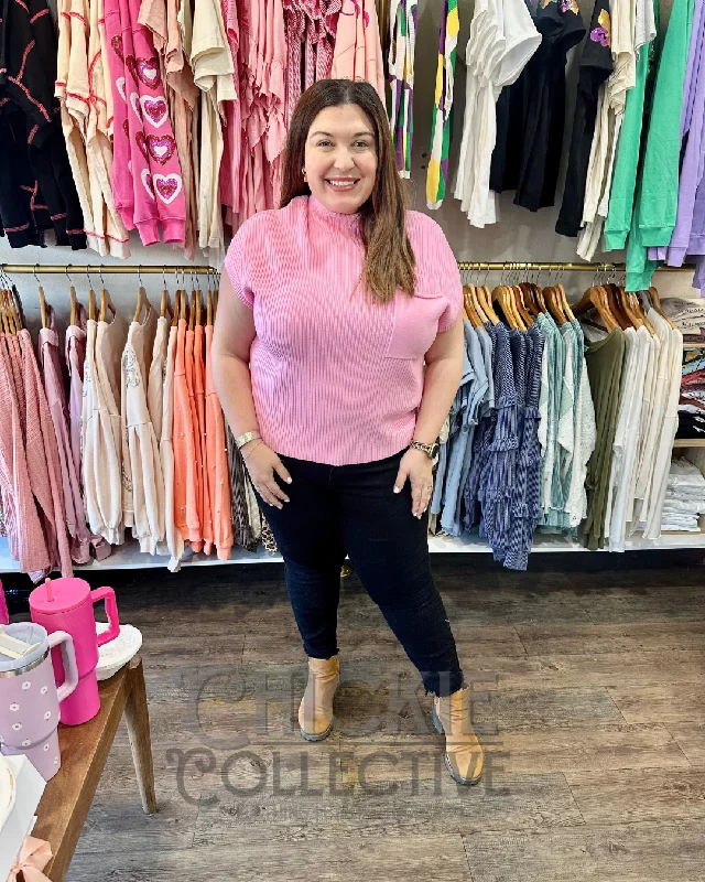 Pink Patch Pocket Ribbed Knit Short Sleeve Sweater Wool Fabric Cashmere Fabric Tweed Fabric Pink Patch Pocket Ribbed Knit Short Sleeve Sweater Wool Fabric Cashmere Fabric Tweed Fabric