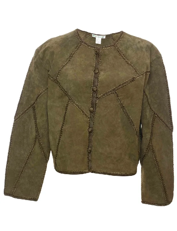 Olive Green Crochet & Suede Cropped Jacket - L Notch Collar Jacket Peter Pan Collar Jacket Cowl Neck Jacket Olive Green Crochet & Suede Cropped Jacket - L Notch Collar Jacket Peter Pan Collar Jacket Cowl Neck Jacket