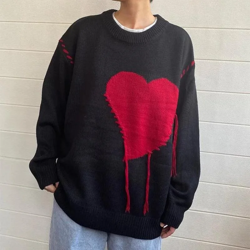 Weirdcore Heart Embroidered Sweater Cashmere Blend Cotton Blend Poly Blend