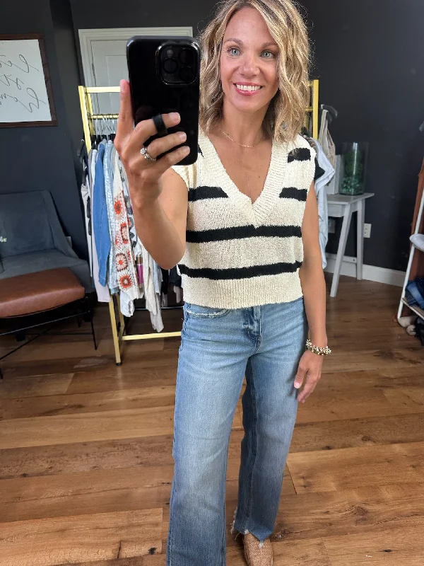 Take It From Me Striped V-Neck Sweater Vest - Cream/Black Beaded Sweater Sequined Faux Fur