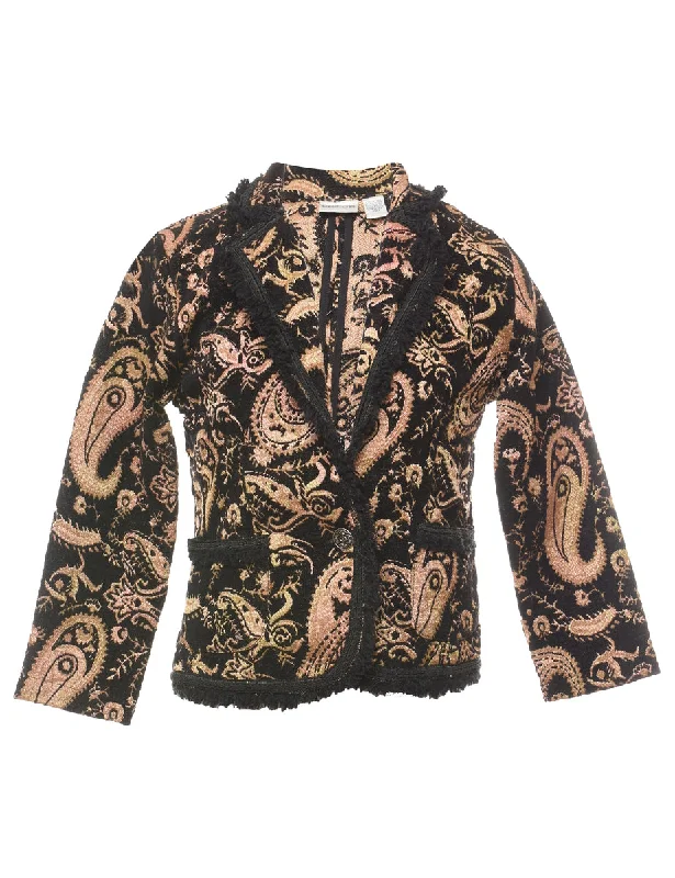Paisley Pattern Beige & Black Metallic Tapestry Jacket - S Snapped Jacket Toggled Jacket Drawstring Jacket Paisley Pattern Beige & Black Metallic Tapestry Jacket - S Snapped Jacket Toggled Jacket Drawstring Jacket